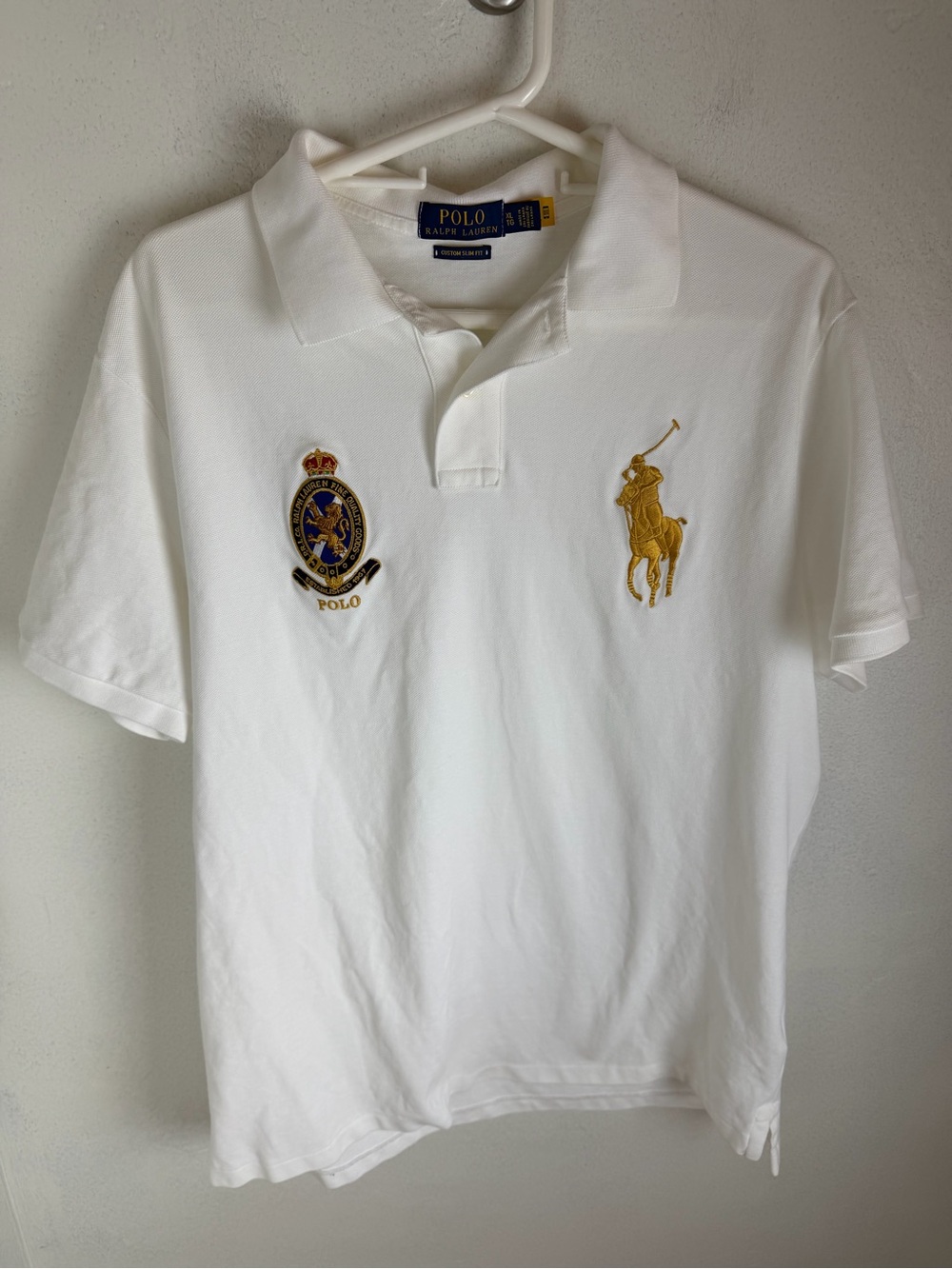 Ralph Lauren White Polo Shirt with Gold Crest and Pony Embroidery
